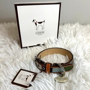 NWB COACH Legacy Stripe Leather Dog Collar XS w COACH Charm Limited Ed Rare